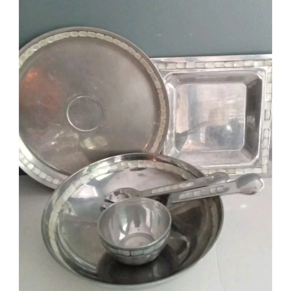 Towel Mother of Pearl Inlay Serving Set Bowl‎ Tray Spoon Vintage
